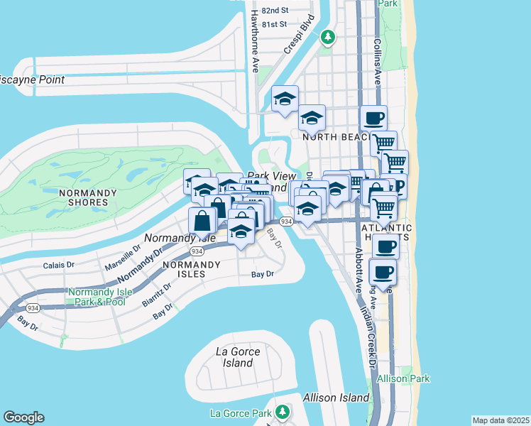 map of restaurants, bars, coffee shops, grocery stores, and more near 7171 Bay Drive in Miami Beach