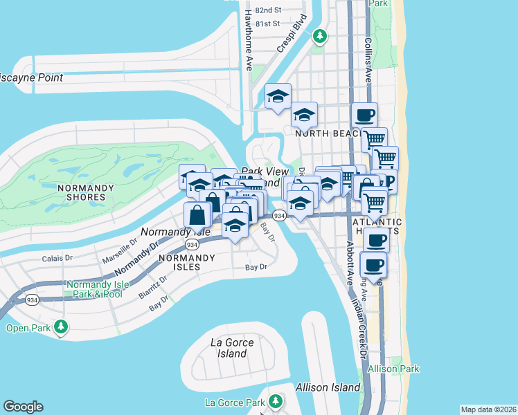 map of restaurants, bars, coffee shops, grocery stores, and more near 7171 Bay Drive in Miami Beach