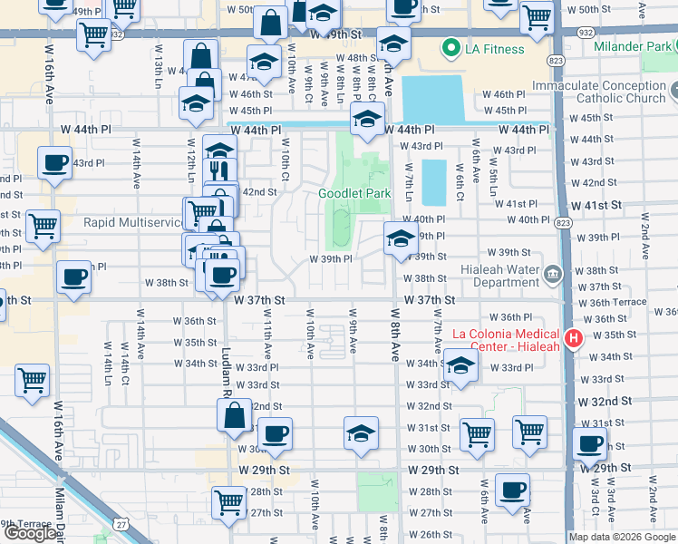 map of restaurants, bars, coffee shops, grocery stores, and more near 880 West 39th Place in Hialeah