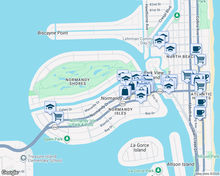 map of restaurants, bars, coffee shops, grocery stores, and more near 430 South Shore Drive in Miami Beach