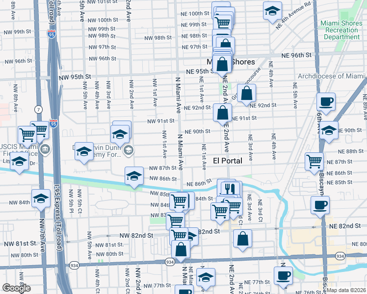 map of restaurants, bars, coffee shops, grocery stores, and more near 8910 North Miami Avenue in El Portal