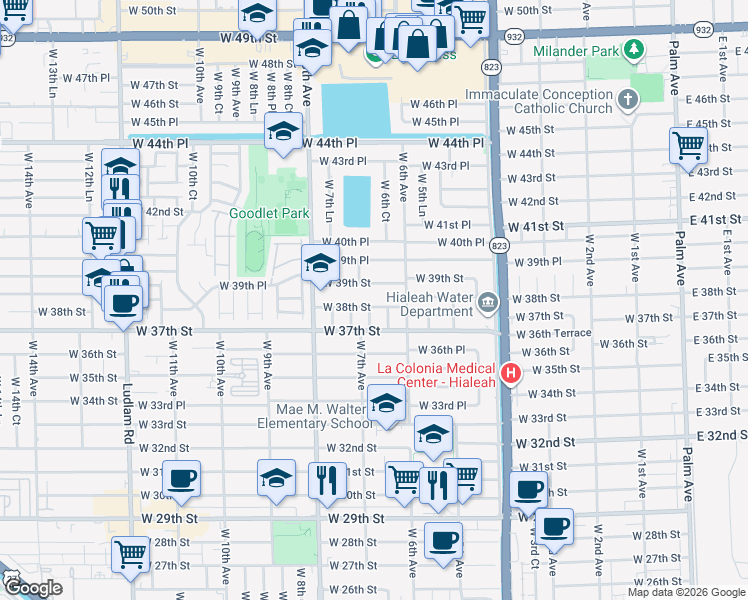 map of restaurants, bars, coffee shops, grocery stores, and more near 700 West 39th Street in Hialeah