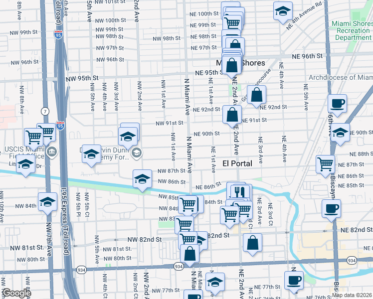 map of restaurants, bars, coffee shops, grocery stores, and more near 8910 North Miami Avenue in El Portal