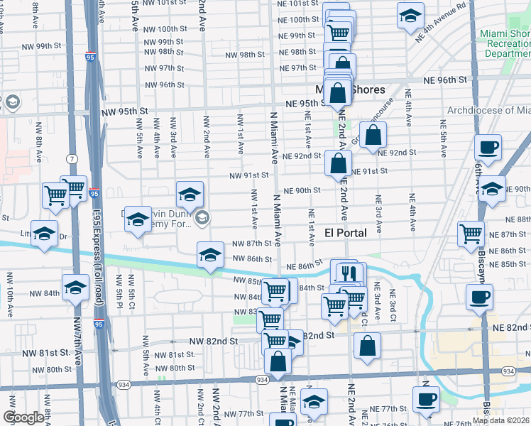 map of restaurants, bars, coffee shops, grocery stores, and more near 20 Northwest 89th Street in El Portal