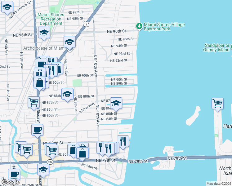 map of restaurants, bars, coffee shops, grocery stores, and more near 1170 North Bayshore Drive in Miami