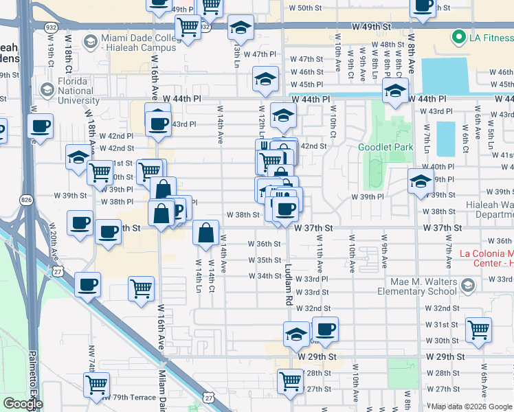 map of restaurants, bars, coffee shops, grocery stores, and more near 1283 West 38th Place in Hialeah