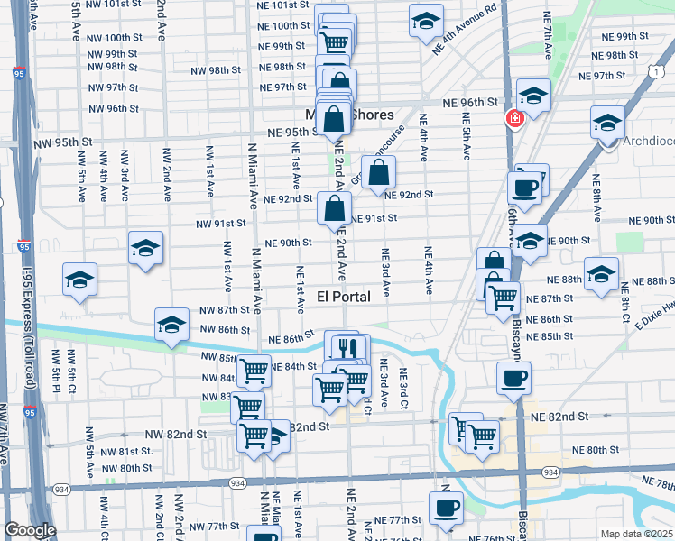 map of restaurants, bars, coffee shops, grocery stores, and more near 8860 Northeast 2nd Avenue in El Portal