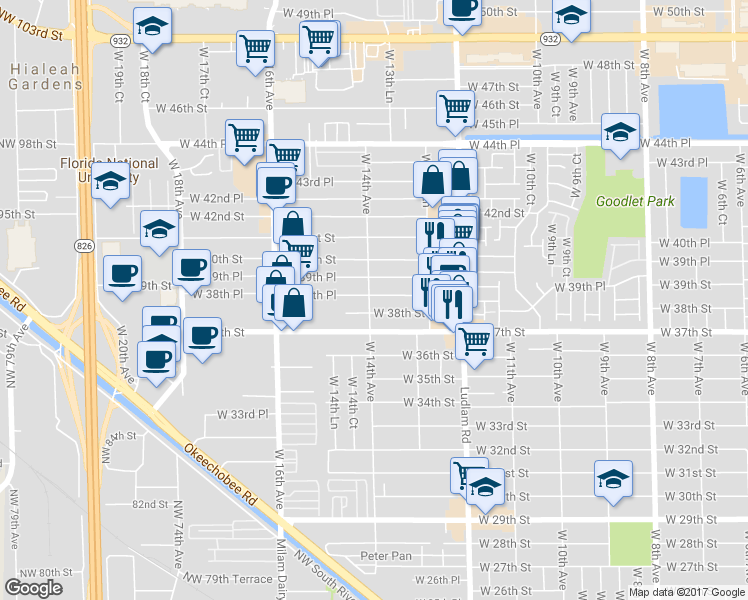 map of restaurants, bars, coffee shops, grocery stores, and more near 1353 West 38th Place in Hialeah