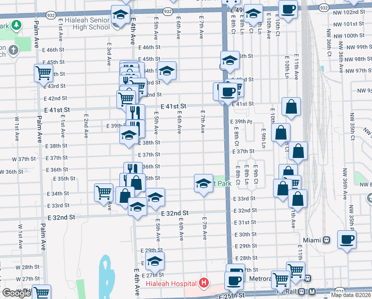 map of restaurants, bars, coffee shops, grocery stores, and more near 660 East 38th Street in Hialeah