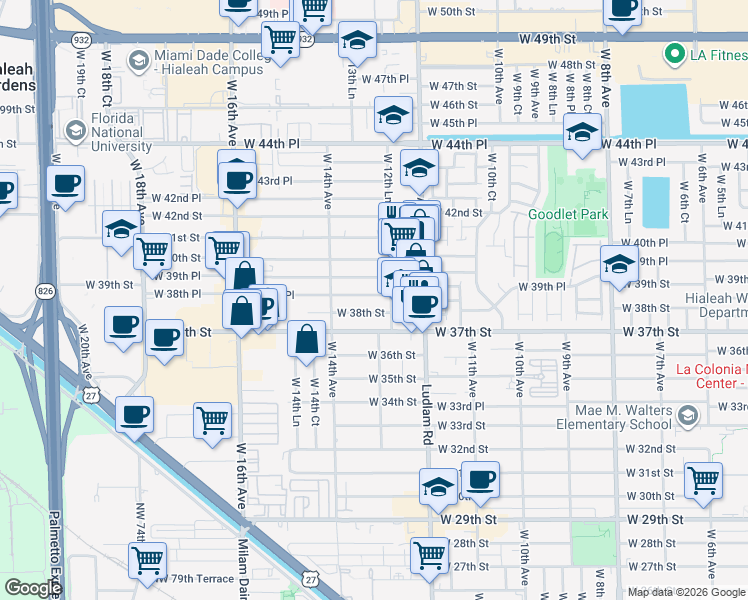 map of restaurants, bars, coffee shops, grocery stores, and more near 1283 West 38th Place in Hialeah