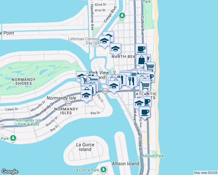 map of restaurants, bars, coffee shops, grocery stores, and more near 7141 Indian Creek Drive in Miami Beach