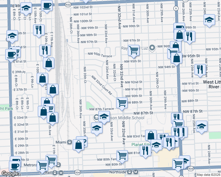 map of restaurants, bars, coffee shops, grocery stores, and more near 3258 Northwest 92nd Street in Miami