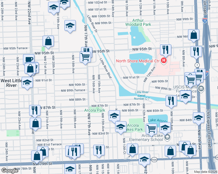 map of restaurants, bars, coffee shops, grocery stores, and more near 1441 Northwest 90th Street in Miami