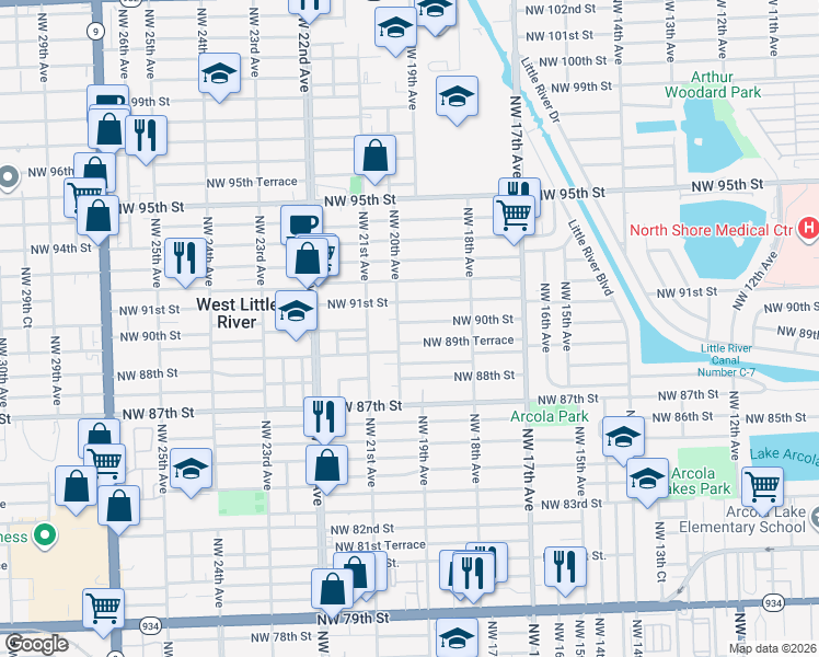 map of restaurants, bars, coffee shops, grocery stores, and more near 1941 Northwest 90th Street in Miami