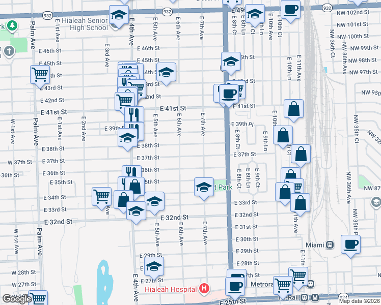 map of restaurants, bars, coffee shops, grocery stores, and more near 660 East 38th Street in Hialeah
