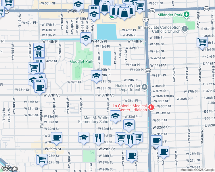 map of restaurants, bars, coffee shops, grocery stores, and more near 700 West 39th Street in Hialeah