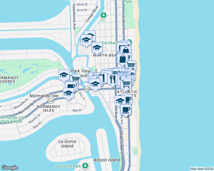 map of restaurants, bars, coffee shops, grocery stores, and more near 7118 Byron Avenue in Miami Beach