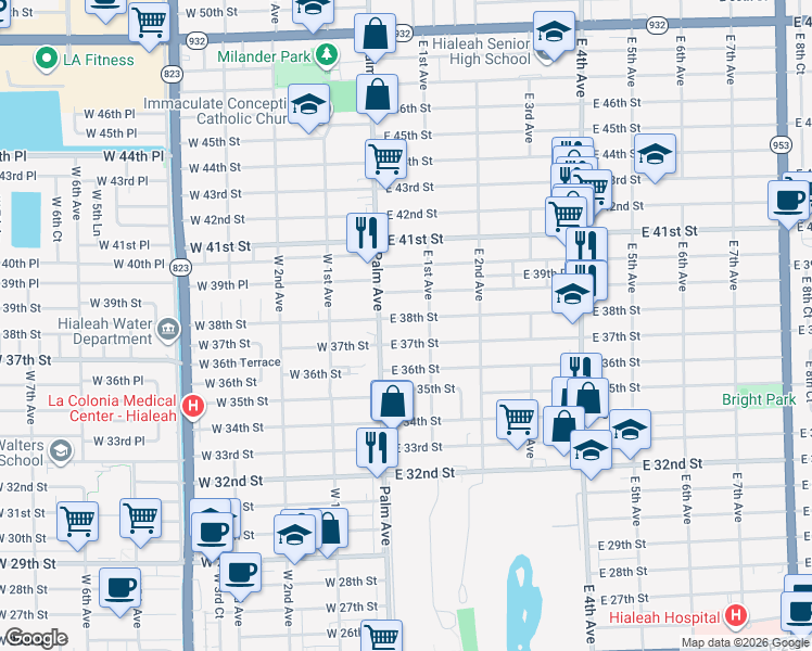 map of restaurants, bars, coffee shops, grocery stores, and more near 51 East 38th Street in Hialeah