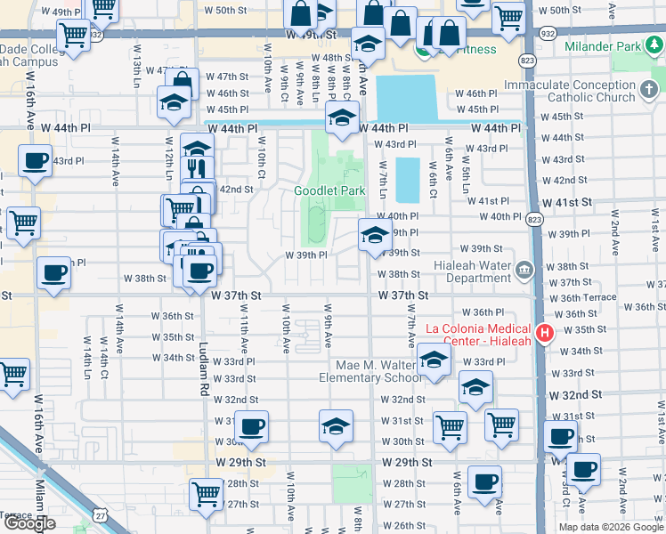 map of restaurants, bars, coffee shops, grocery stores, and more near 828 West 39th Place in Hialeah