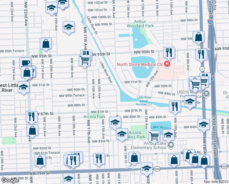 map of restaurants, bars, coffee shops, grocery stores, and more near 9001 Little River Boulevard in Miami