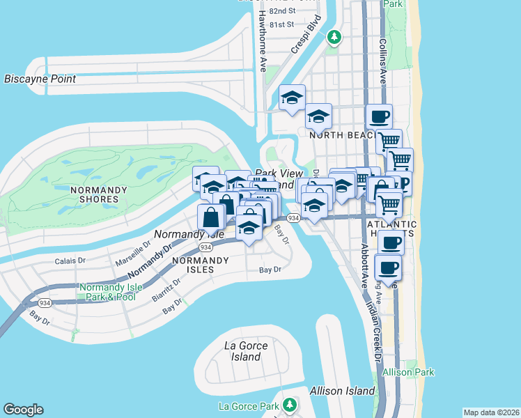 map of restaurants, bars, coffee shops, grocery stores, and more near 7171 Bay Drive in Miami Beach