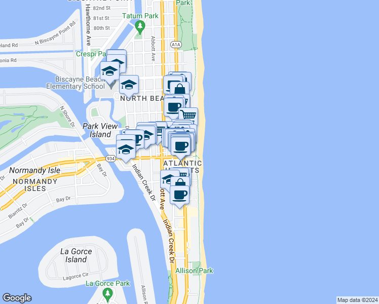 map of restaurants, bars, coffee shops, grocery stores, and more near 7143 Collins Avenue in Miami Beach