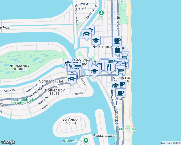 map of restaurants, bars, coffee shops, grocery stores, and more near 7141 Indian Creek Drive in Miami Beach
