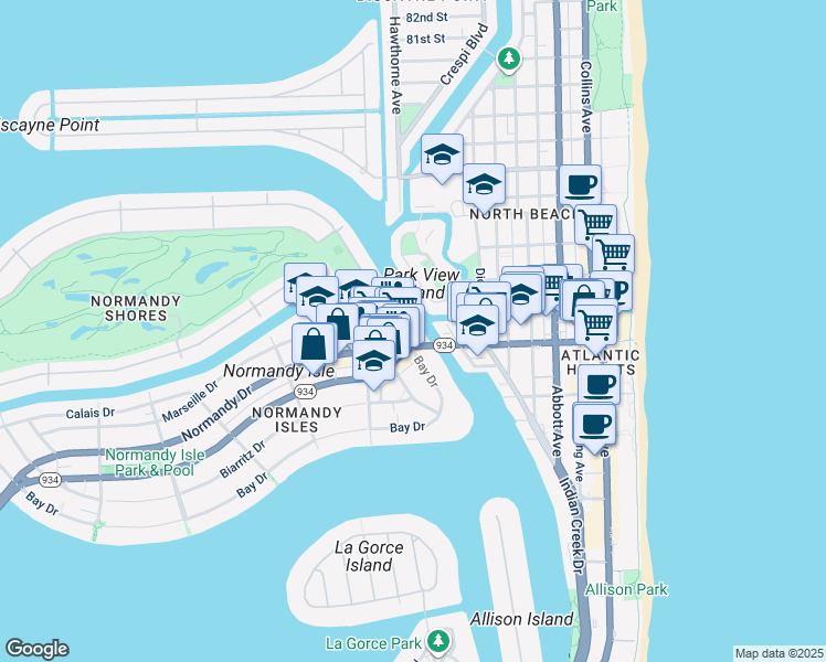 map of restaurants, bars, coffee shops, grocery stores, and more near 7171 Bay Drive in Miami Beach