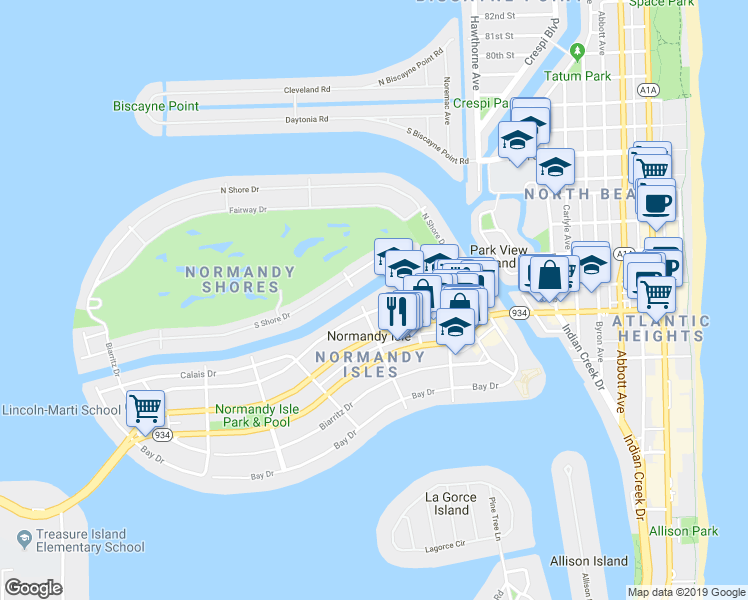 map of restaurants, bars, coffee shops, grocery stores, and more near 300 South Shore Drive in Miami Beach