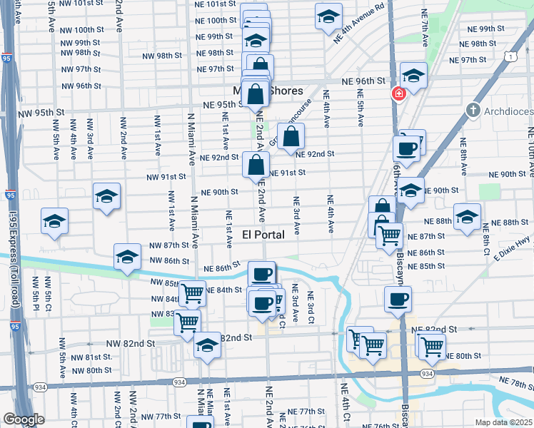 map of restaurants, bars, coffee shops, grocery stores, and more near 211a Northeast 89th Street in El Portal
