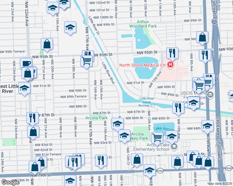 map of restaurants, bars, coffee shops, grocery stores, and more near 9001 Little River Boulevard in Miami