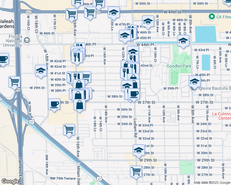 map of restaurants, bars, coffee shops, grocery stores, and more near 1283 West 38th Place in Hialeah