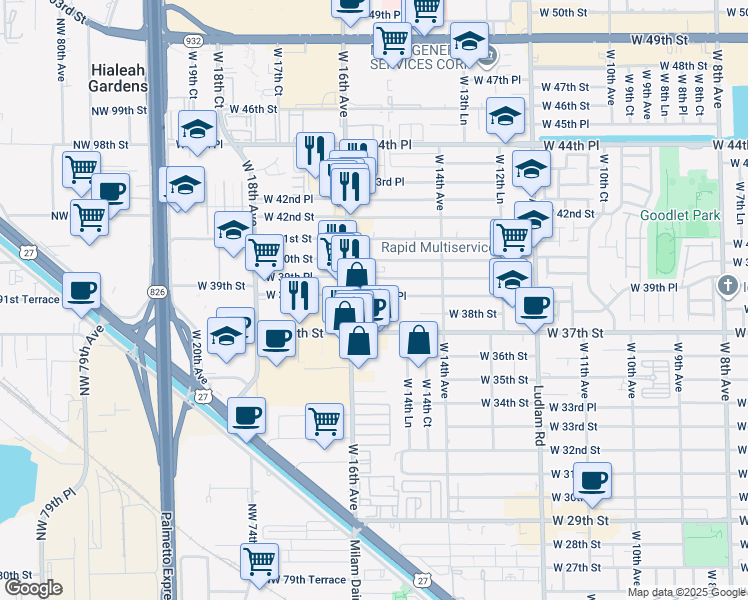 map of restaurants, bars, coffee shops, grocery stores, and more near 1567 West 38th Place in Hialeah