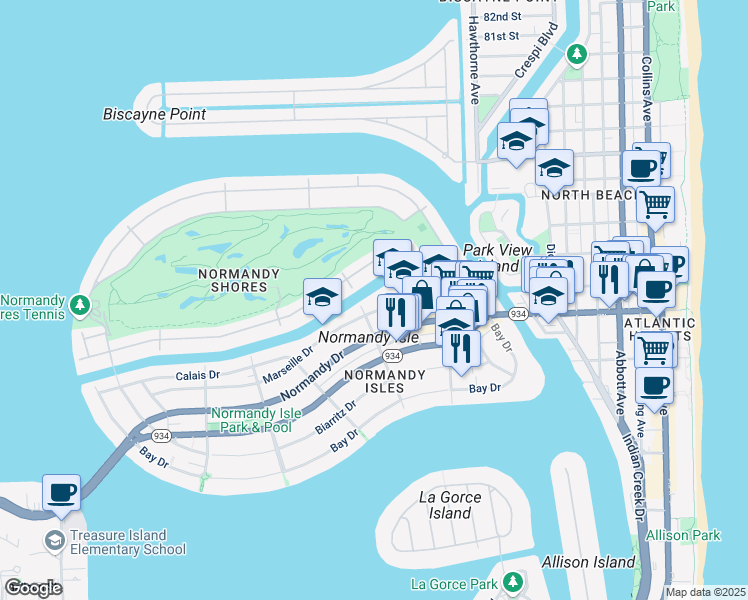 map of restaurants, bars, coffee shops, grocery stores, and more near 1265 Marseille Drive in Miami