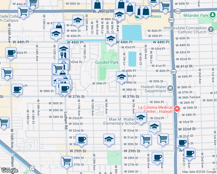 map of restaurants, bars, coffee shops, grocery stores, and more near 828 West 39th Place in Hialeah