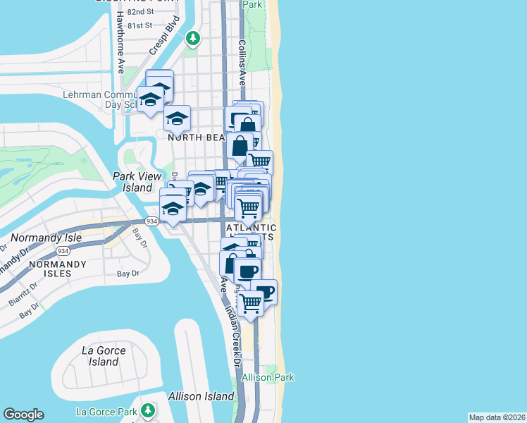 map of restaurants, bars, coffee shops, grocery stores, and more near 7143 Collins Avenue in Miami Beach