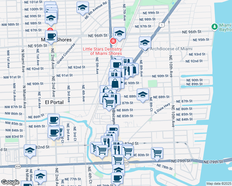 map of restaurants, bars, coffee shops, grocery stores, and more near 65 Northeast 88th Terrace in Miami Shores