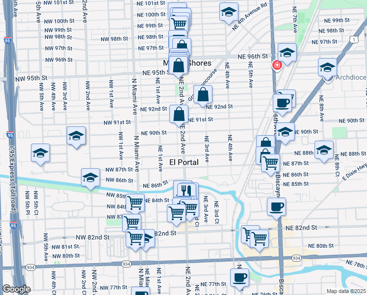 map of restaurants, bars, coffee shops, grocery stores, and more near 8864 Northeast 2nd Avenue in El Portal