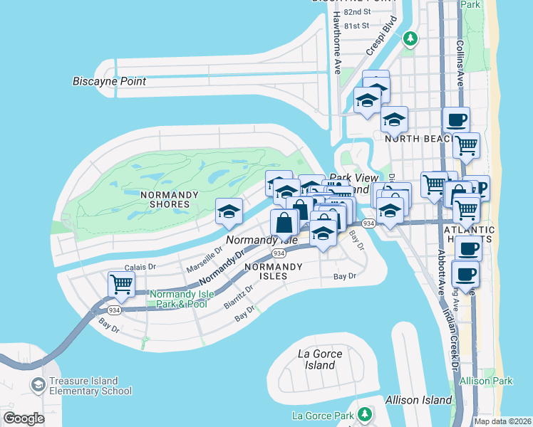 map of restaurants, bars, coffee shops, grocery stores, and more near 300 South Shore Drive in Miami Beach