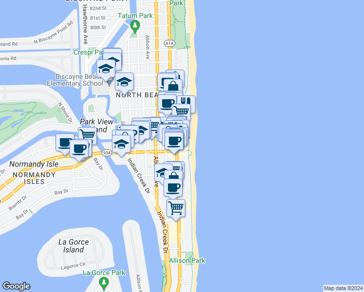 map of restaurants, bars, coffee shops, grocery stores, and more near 7143 Collins Avenue in Miami Beach