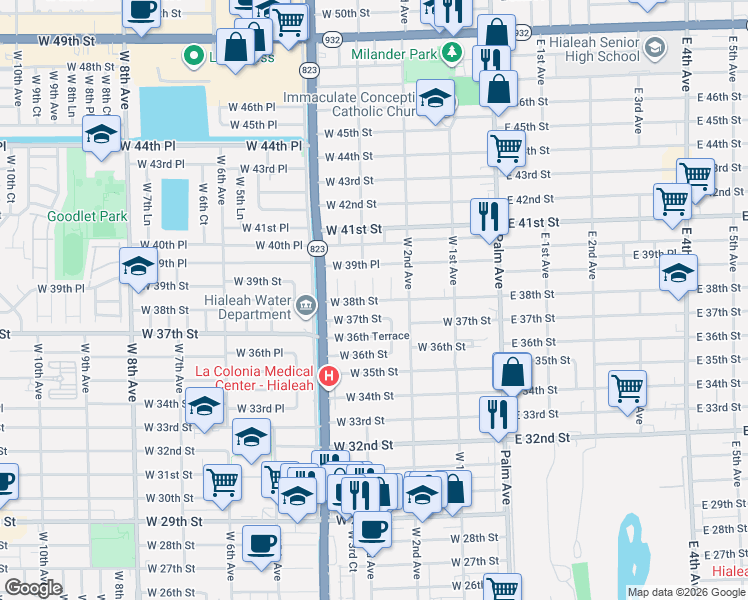 map of restaurants, bars, coffee shops, grocery stores, and more near West 38th Street in Hialeah