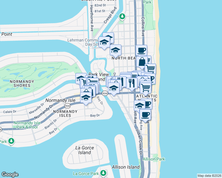 map of restaurants, bars, coffee shops, grocery stores, and more near 7128 Indian Creek Drive in Miami Beach