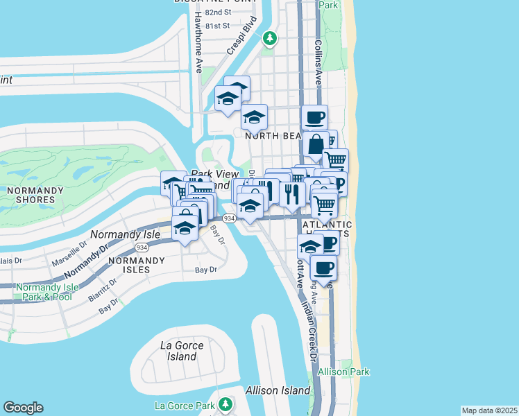 map of restaurants, bars, coffee shops, grocery stores, and more near 7141 Indian Creek Drive in Miami Beach