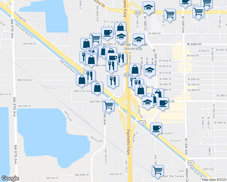 map of restaurants, bars, coffee shops, grocery stores, and more near 7837 West Okeechobee Road in Hialeah Gardens