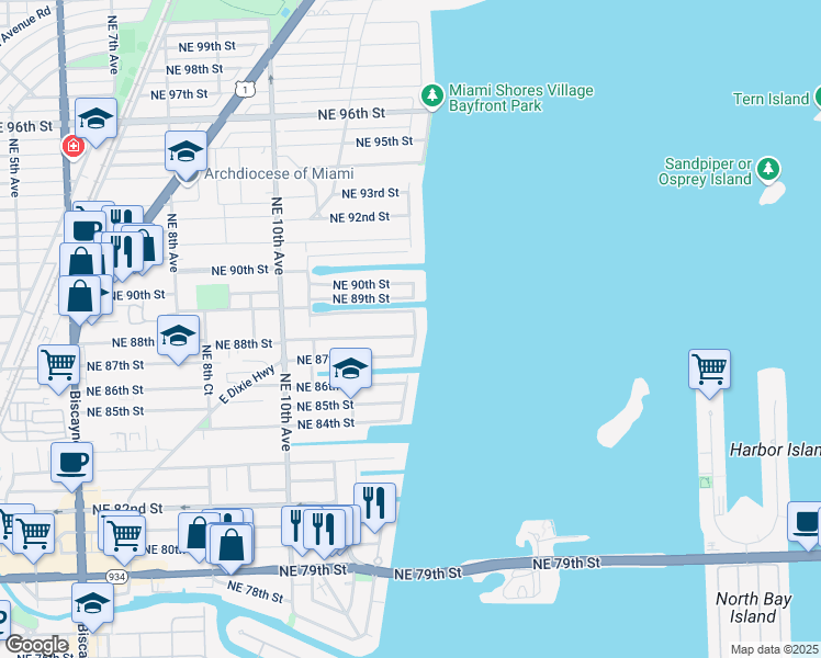 map of restaurants, bars, coffee shops, grocery stores, and more near 1234 North Bayshore Drive in Miami