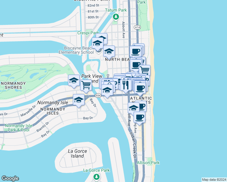 map of restaurants, bars, coffee shops, grocery stores, and more near 7130 Carlyle Avenue in Miami Beach