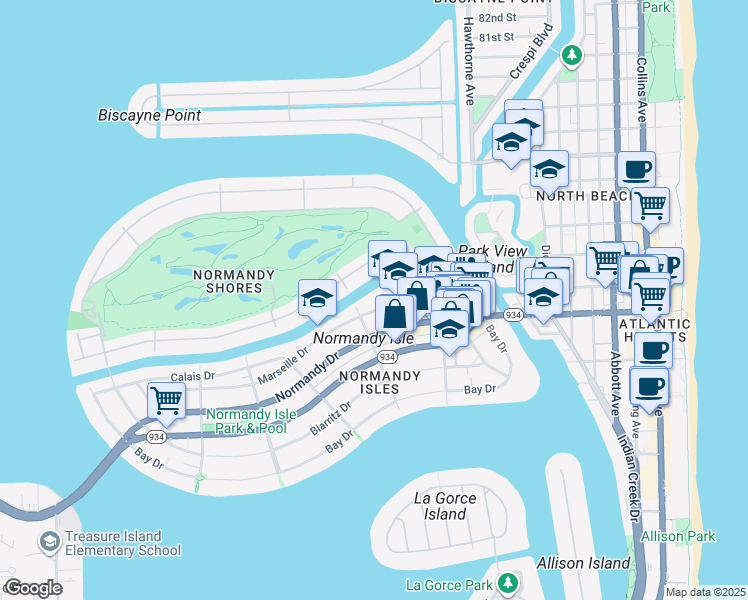 map of restaurants, bars, coffee shops, grocery stores, and more near 300 South Shore Drive in Miami Beach