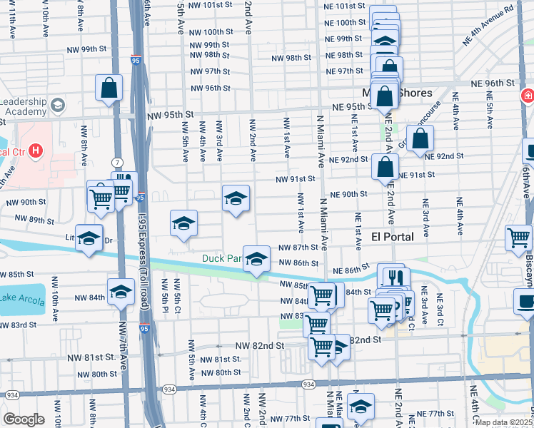 map of restaurants, bars, coffee shops, grocery stores, and more near 173 Northwest 89th Street in El Portal