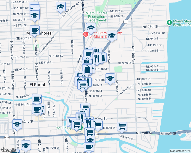 map of restaurants, bars, coffee shops, grocery stores, and more near 680 Northeast 88th Terrace in Miami Shores