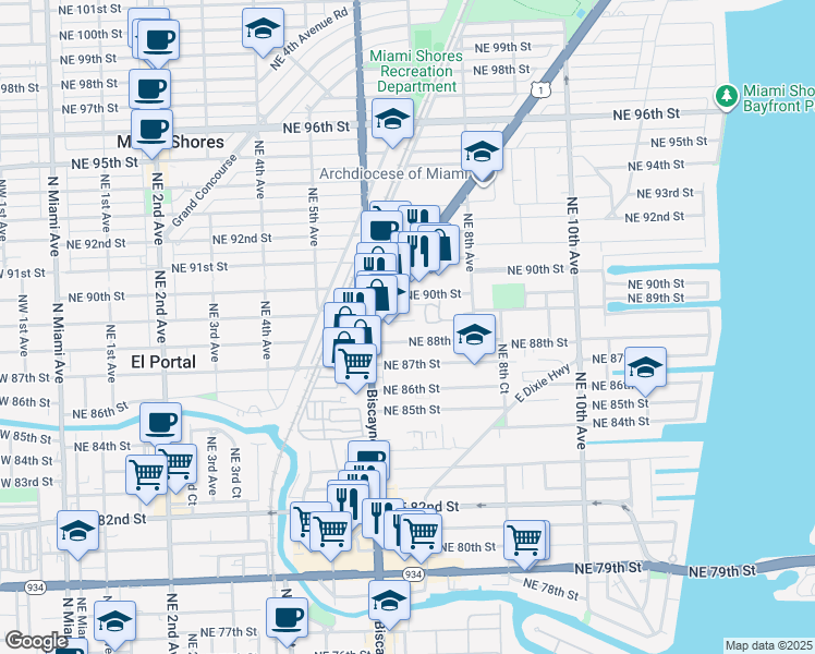 map of restaurants, bars, coffee shops, grocery stores, and more near 670 Northeast 88th Terrace in Miami Shores